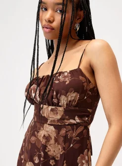 Brown flowers chiffon midi dress