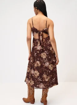 Brown flowers chiffon midi dress