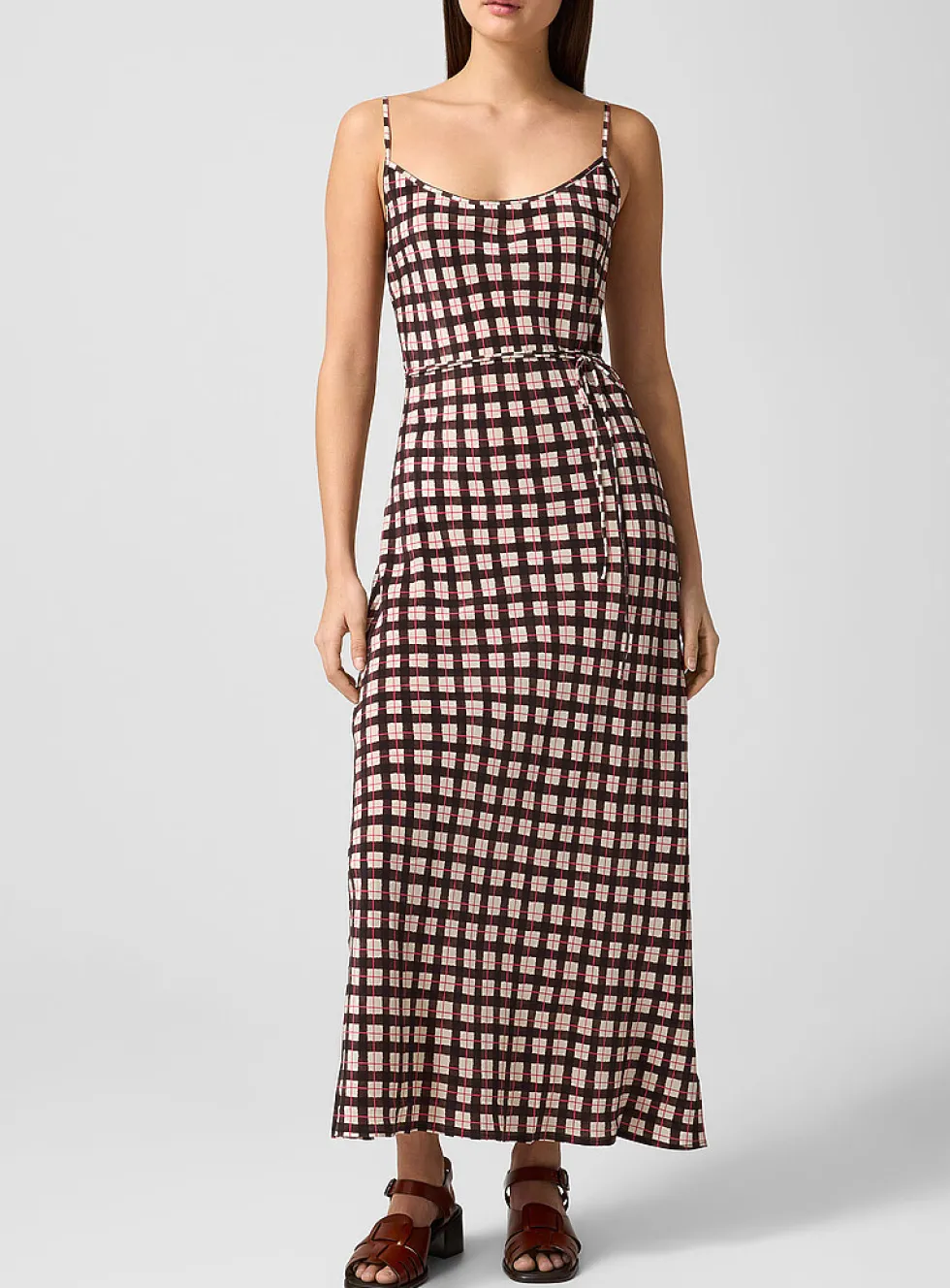 Brown gingham pure silk dress