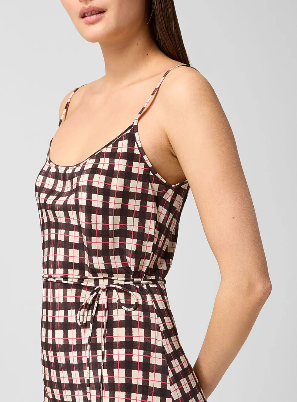 Brown gingham pure silk dress