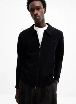 Brushed-knit polo-collar zip-up cardigan