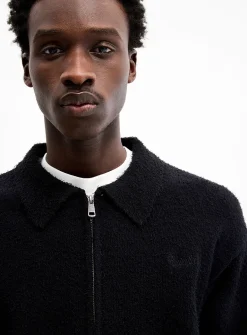 Brushed-knit polo-collar zip-up cardigan