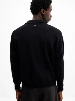 Brushed-knit polo-collar zip-up cardigan