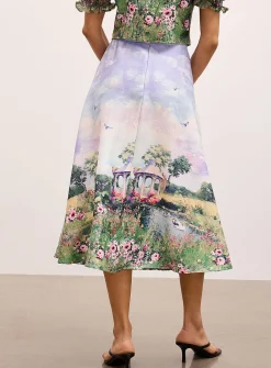 Bucolic landscape flared midi skirt