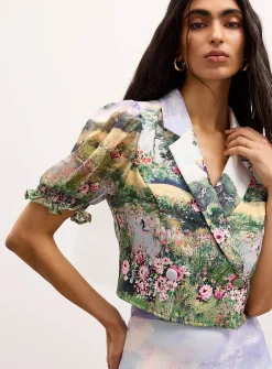 Bucolic landscape puff-sleeve cropped blazer