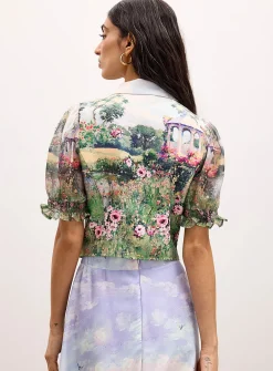Bucolic landscape puff-sleeve cropped blazer