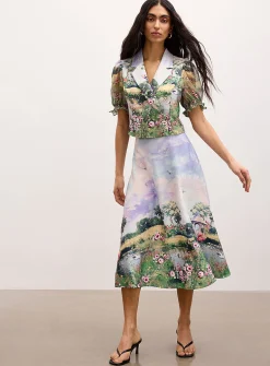 Bucolic landscape puff-sleeve cropped blazer