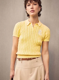 Butter yellow embroidered cable-knit polo shirt