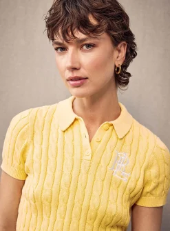 Butter yellow embroidered cable-knit polo shirt