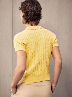 Butter yellow embroidered cable-knit polo shirt