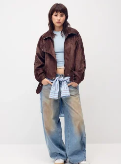Buttoned flap faux-suede jacket