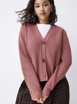 Button-up shaker-rib cropped cardigan