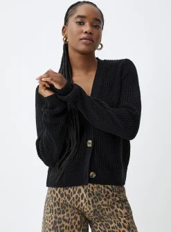 Button-up shaker-rib cropped cardigan