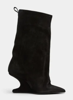 Cantilever heel flared suede boots