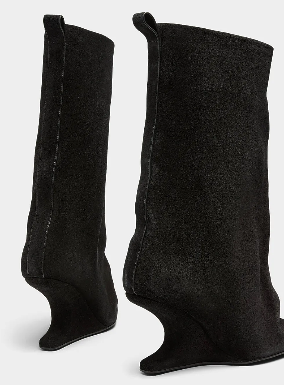 Cantilever heel flared suede boots