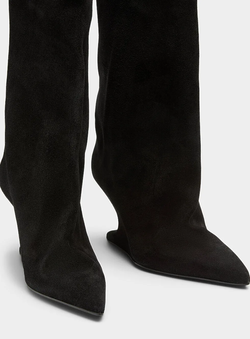 Cantilever heel flared suede boots