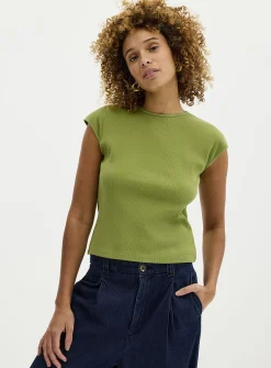 Cap-sleeve fitted ribbed T-shirt