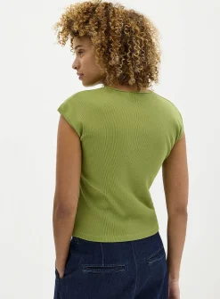 Cap-sleeve fitted ribbed T-shirt