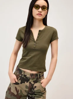 Cap-sleeve Henley T-shirt