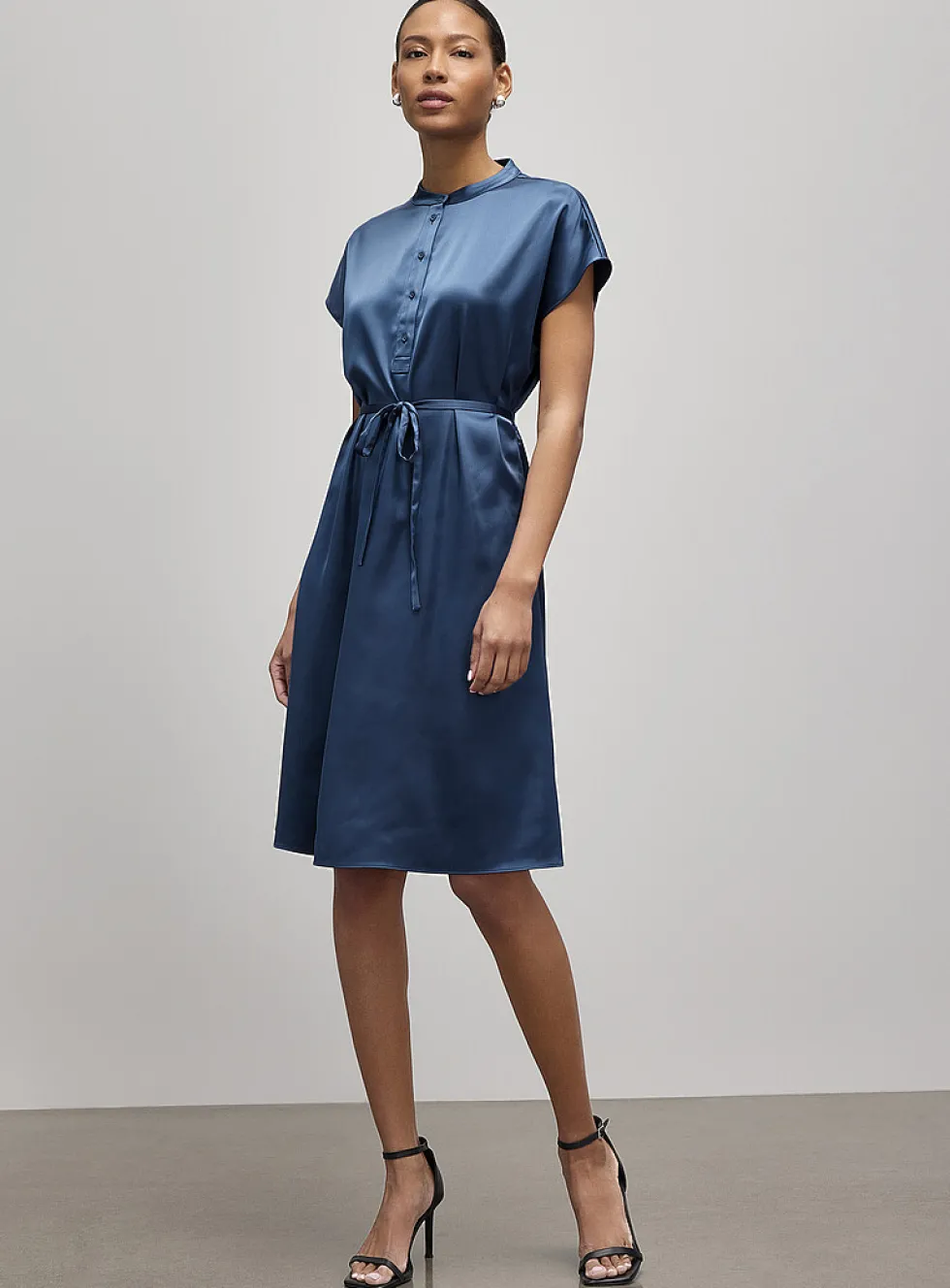 Cap-sleeve officer-collar satiny dress