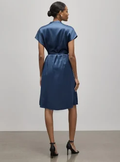 Cap-sleeve officer-collar satiny dress