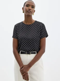 Cap-sleeve polka dot satiny blouse
