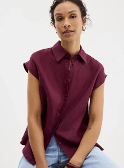 Cap-sleeve pure linen shirt