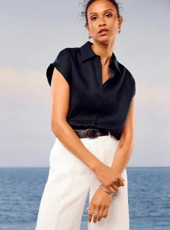 Cap-sleeve pure linen shirt