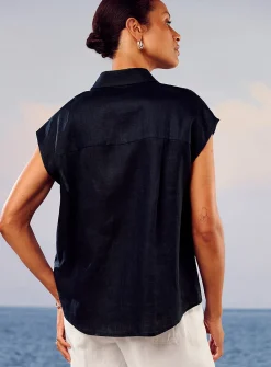 Cap-sleeve pure linen shirt