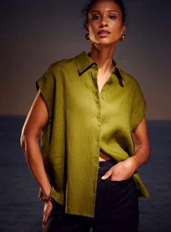Cap-sleeve pure linen shirt