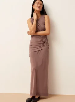 Centre slit maxi micromesh skirt