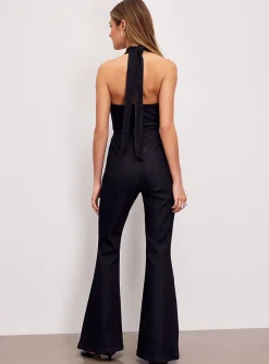 Charcoal denim plunging halter-neck jumpsuit