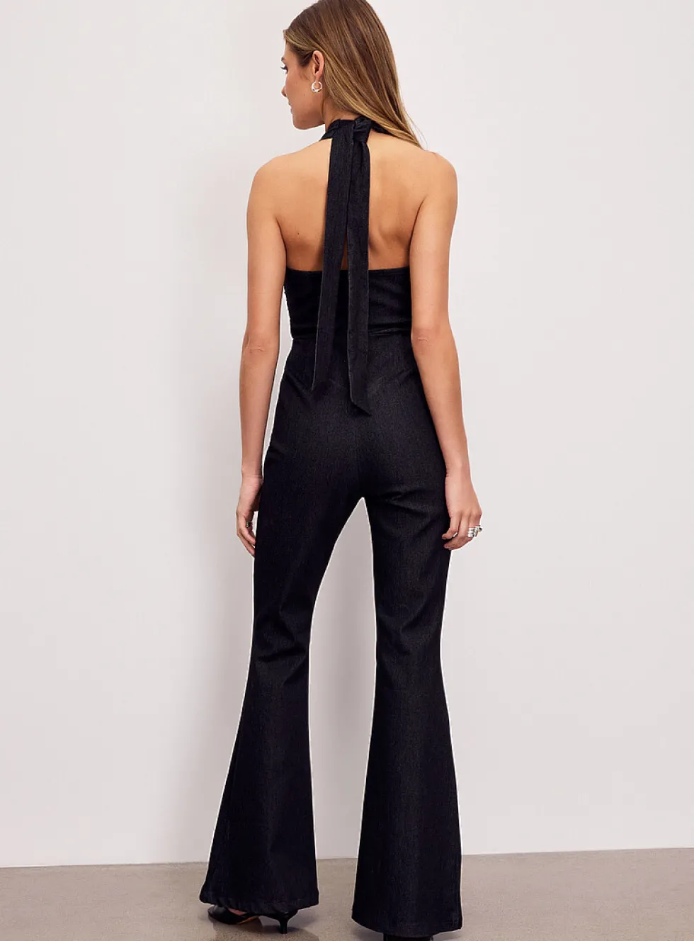 Charcoal denim plunging halter-neck jumpsuit