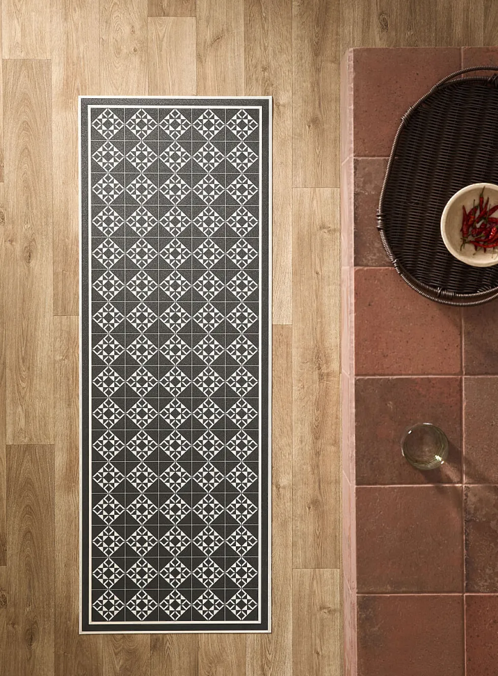 Charcoal tile pattern hallway vinyl mat