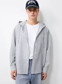 Check seersucker hooded shirt