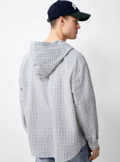 Check seersucker hooded shirt