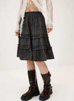 Checked tiered midi skirt