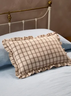 Checkered ruffled linen-blend cushion