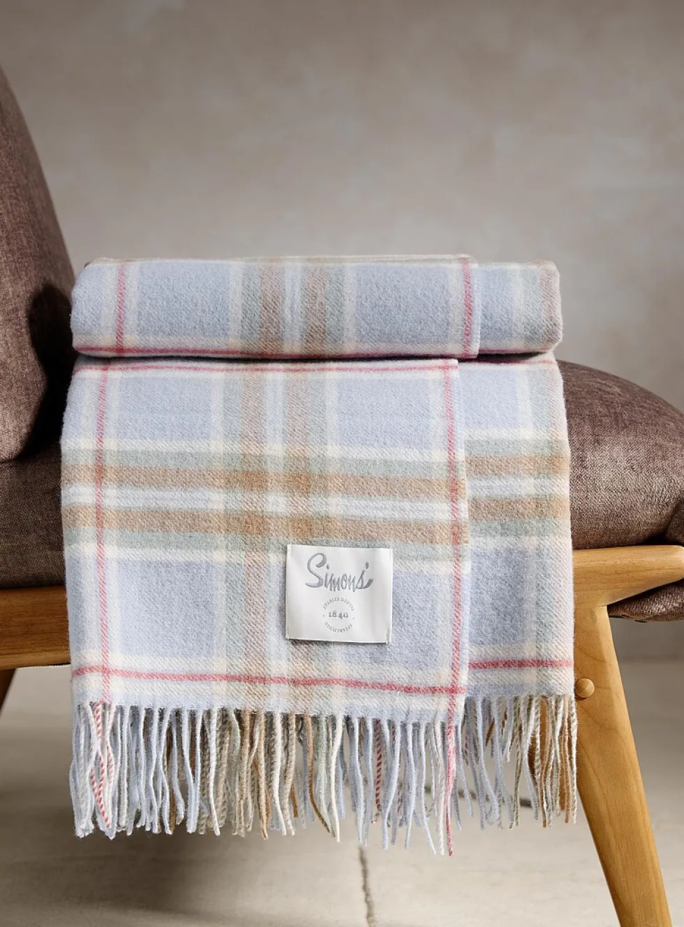 Checkered sky blue pure wool throw