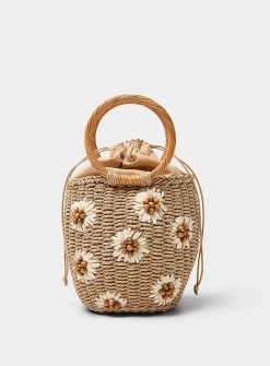 Circular-handle floral straw bucket bag