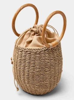 Circular-handle floral straw bucket bag