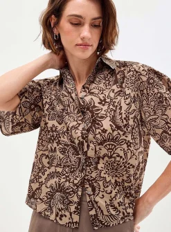 Coffee bouquet boxy-fit voile shirt
