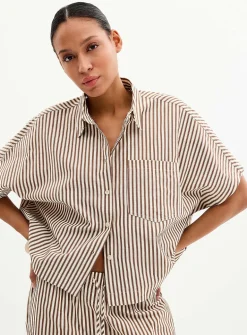 Coffee-coloured stripes loose seersucker shirt