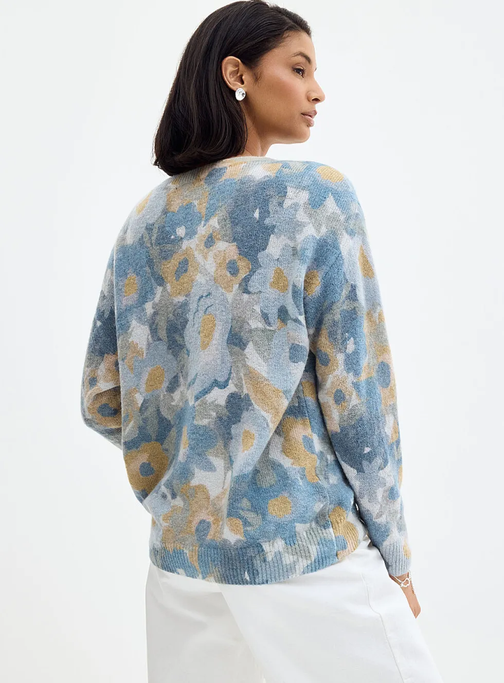 Colorful flower garden fuzzy knit sweater