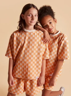 Colourful checkerboard terry loose T-shirt