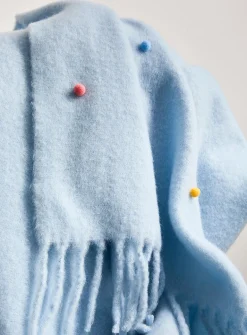 Colourful pompoms sky-blue faux-mohair throw