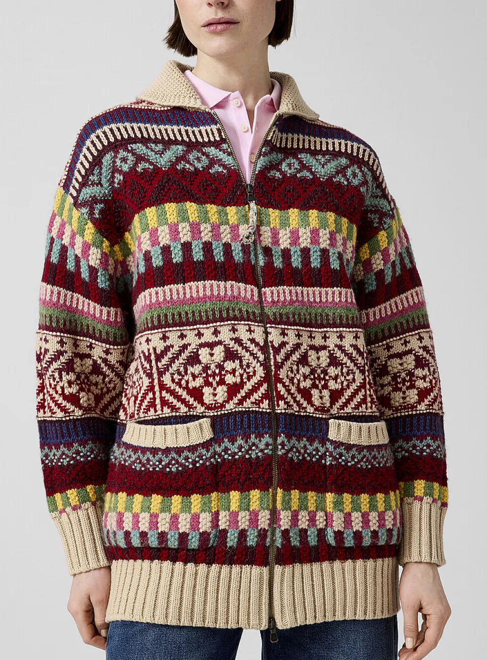 Colourful wool-cotton weave cardigan