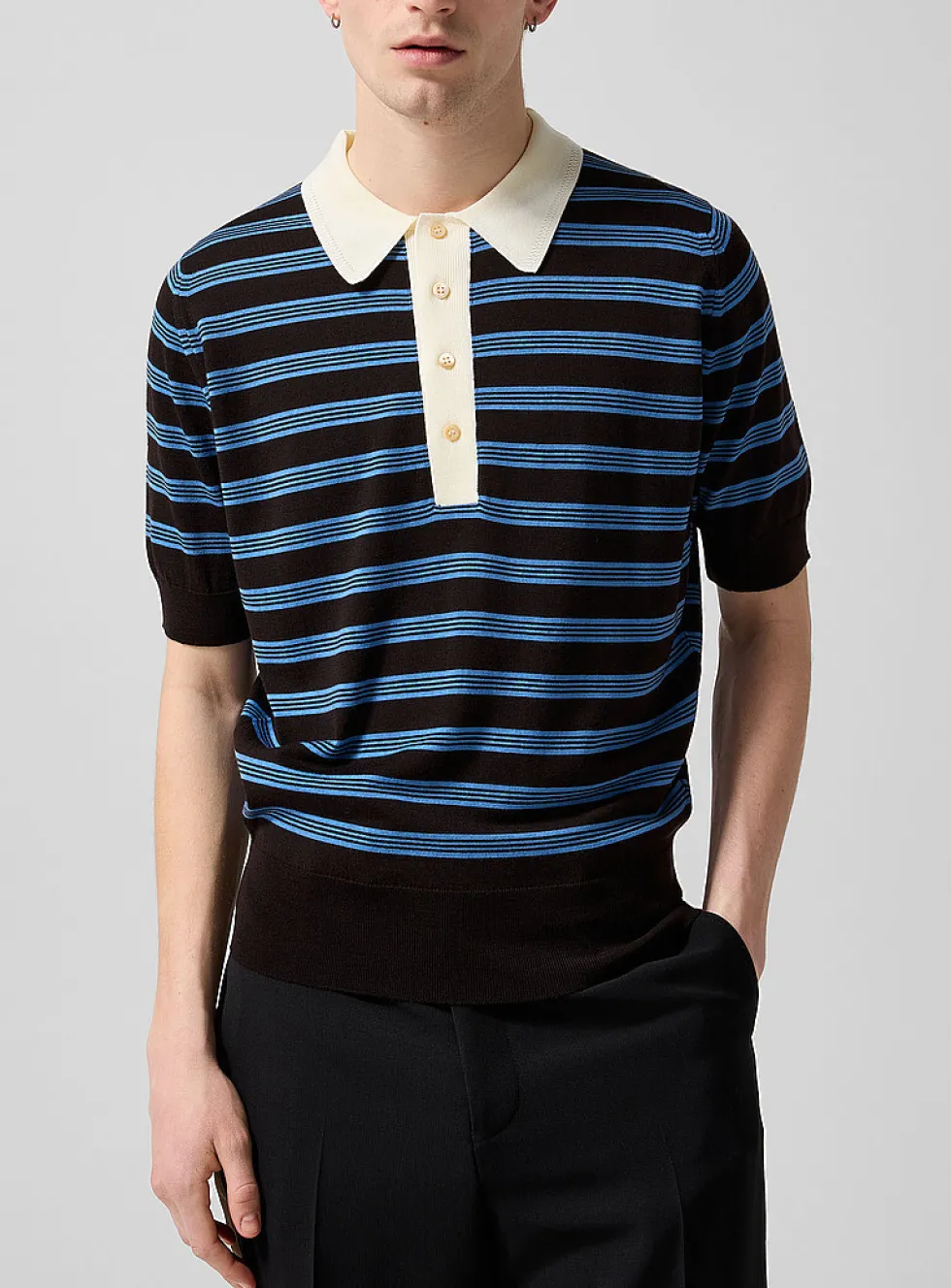 Contrast collar 100% merino striped polo
