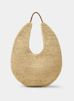 Contrast-handle braided raffia hobo bag