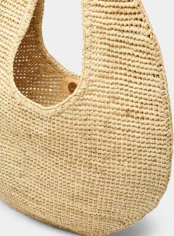Contrast-handle braided raffia hobo bag